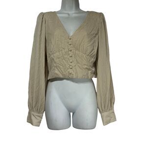 House of Harlow 1960 Cropped Beige Cut-out Back V-Neck Velour Top Blouse Size M